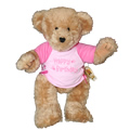 Eva bear wears her favourite Happy Birthday T-Shirt with pretty pink ribbons tied each side.  Happy Birthday is printed across the front with a pink bear paw.