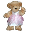 Eva is pretty in pink today for her birthday. Eva’s dress is white satin with pink petal shape fabric overlapping the front of the dress. Waist line is decorated by beautiful little pink flowers and green leaves.  Exclusive to the Teddy Bear Village. This is a perfect Birthday, Mothers Day, Get Well, Anniversary, "lets make up"gift idea for any occassion.