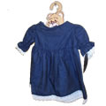 This denim dress is for our  largest teddy bear Lady Lovely. It will fit bears in the 18-20 inch range. There is a plain collar, with lace on the hemline and on the cuffs