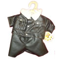 This jacket and trousers is for the ultra cool teddy bear.  Whether he is  biking or just being a “dude”.   The jacket is  made from a pvc style fabric, with a wool inside lining, fastens with press fasteners  with arm patches. Trousers are similar with pockets in the back and a gap in the back for teddy’s tail.