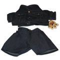 Jacket and trousers are a dark denim.  The jacket has a deep beige bear lining. It is fastened up the front with silver press buttons. There are fake pockets on the front of each side and each elbow has PVC patches.  The trousers have a gap in the back for bear tail.