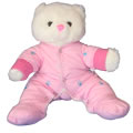Pink Nose Bear in an all in one pink sleep suit.
Pink sleep suit has blue teddy bear paws throughout with contrasting pink cuffs. Great gift for the New Born Baby girl. Add a presentation balloon and have it delivered directly to the new arrival.
It fastens down the front with press fasteners.