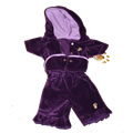 This is a trendy tracksuit to match your own.  Hooded snap front jacket with side pockets and matching trousers with ruffled cuffs.  Both trousers and jacket have an embroidered paw print on the front left side for that finishing touch.  Keep teddy bear fit!