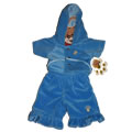 This is the bright blue version of our velour tracksuit.  Hooded snap front jacket with side pockets and matching trousers with ruffled cuffs.  Both trousers and jacket have an embroidered paw print on the front left side for that finishing touch.