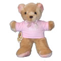 Tummy Bear is a soft cuddly teddy bear with a very kind face and a pink satin ribbon around her  neck.  She is wearing a pink t.shirt with "its a girl" across the top.  A perfect gift idea for the new born baby girl.