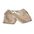 Beige cargo trousers have a cord tie waist; functional pockets each side of trousers. Teddy can keep his essentials in these pockets.  There is a gap in the back for the bear tail. To fit all standard teddy bears of 39cms, or 15 inch